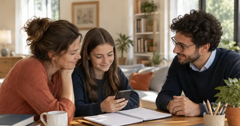 Szülő és diák az első magánórára készül egy füzet és telefon mellett